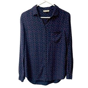 BeachLunchLounge Navy Pink Heart Casual Button Down Long Sleeve Collared Shirt M